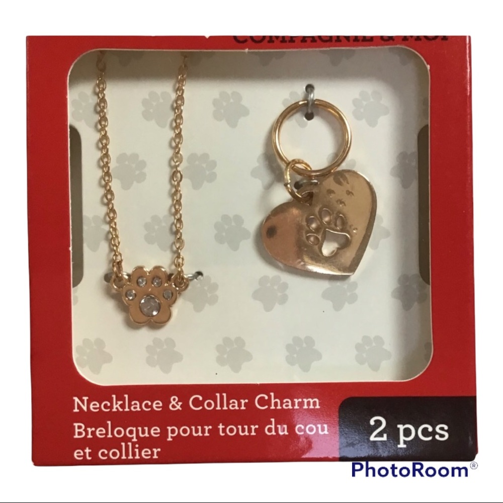 Pet & Me Gold Pawprint Necklace &‎ Collar Charm Set NWT